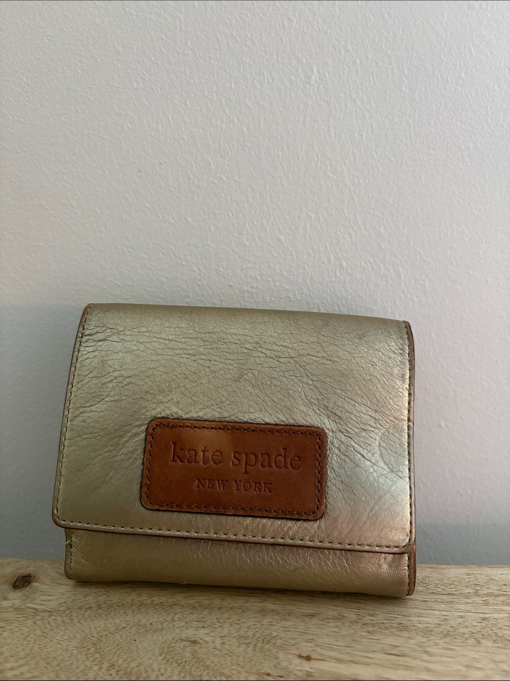kate spade Gold Leather Wallet with Brown Logo Patch
